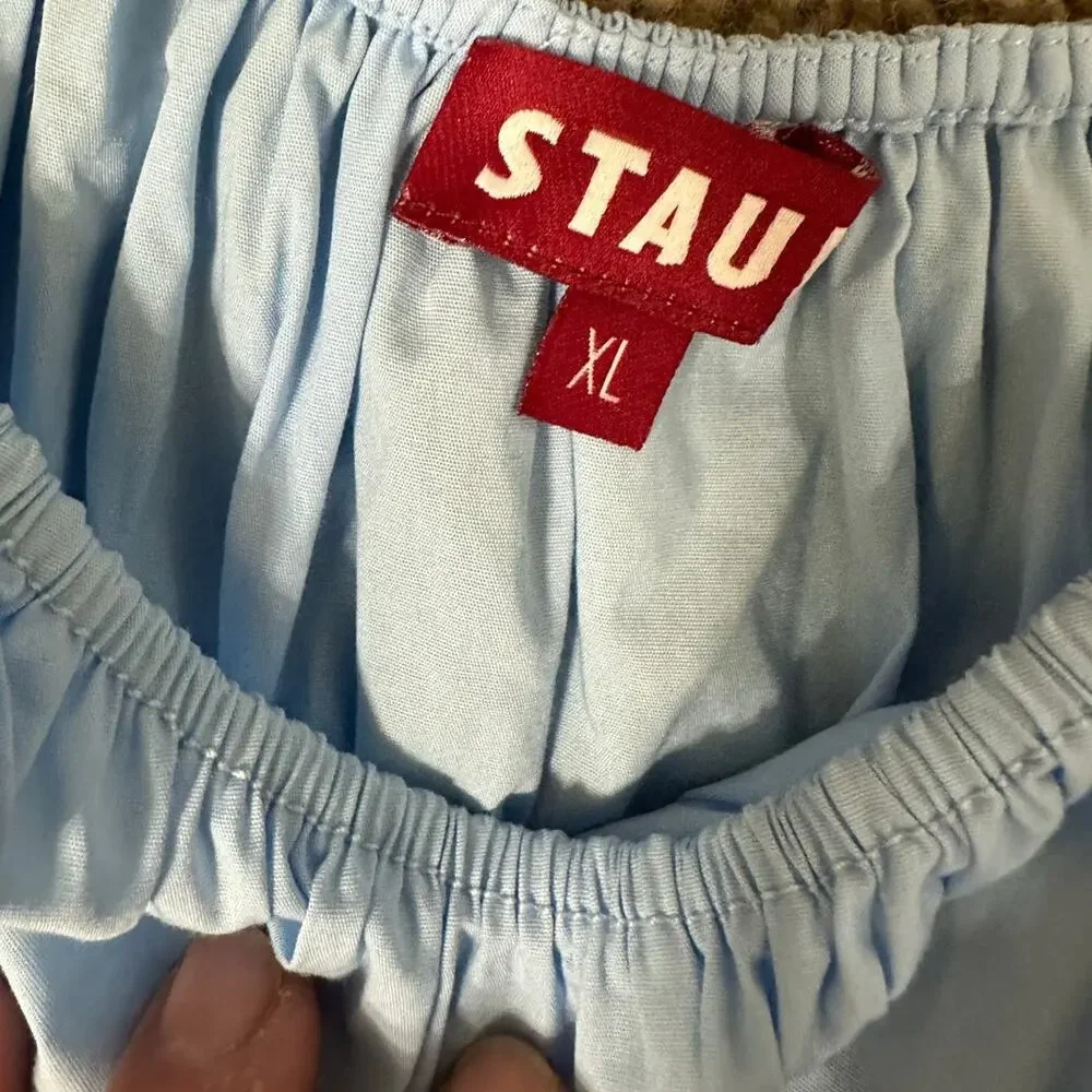STAUD Blouse Light Blue Faye Gathered Puff-Sleeve Cotton Stretch New